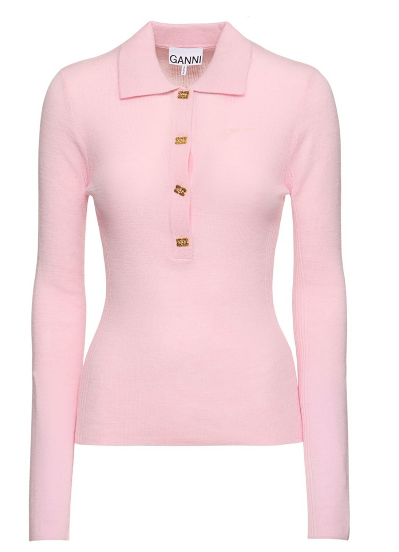 GANNI Knitted Polo Shirt - Pink SzL