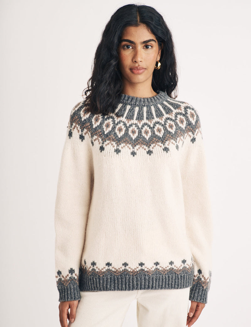 NOBODY'S CHILD Fair Isle Chunky Knitted Wool Jumper - Cream SzM
