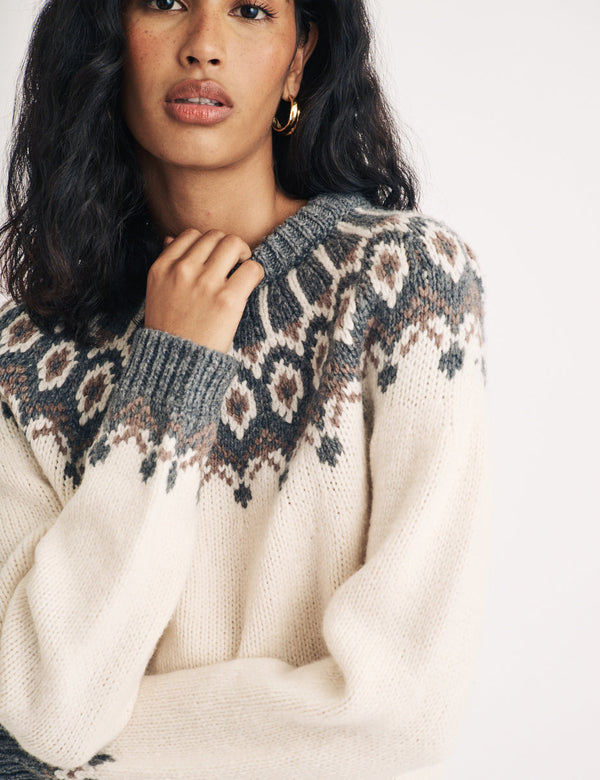 NOBODY'S CHILD Fair Isle Chunky Knitted Wool Jumper - Cream SzM
