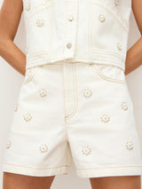 OLIVER BONAS Beaded Flower Denim Shorts - Ecru Sz10