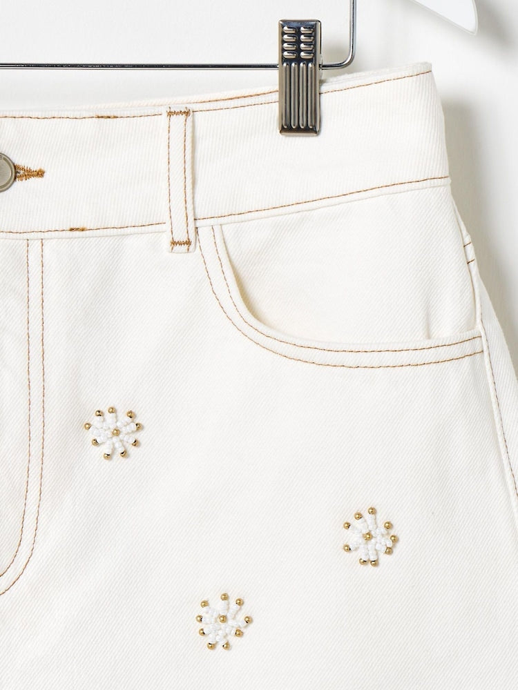 OLIVER BONAS Beaded Flower Denim Shorts - Ecru Sz10