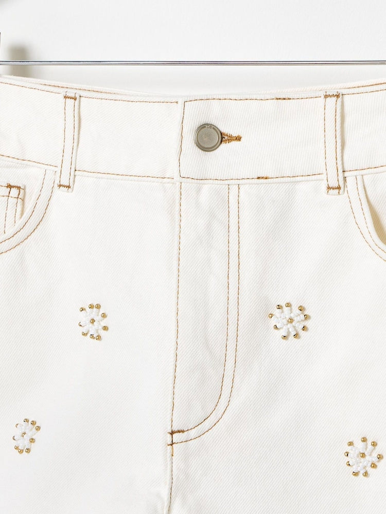 OLIVER BONAS Beaded Flower Denim Shorts - Ecru Sz10
