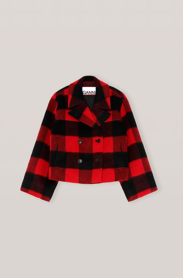 GANNI Check Wool Mix Midi Jacket - Red & Black Sz38 NZM