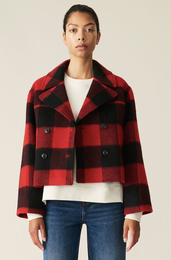 GANNI Check Wool Mix Midi Jacket - Red & Black Sz38 NZM