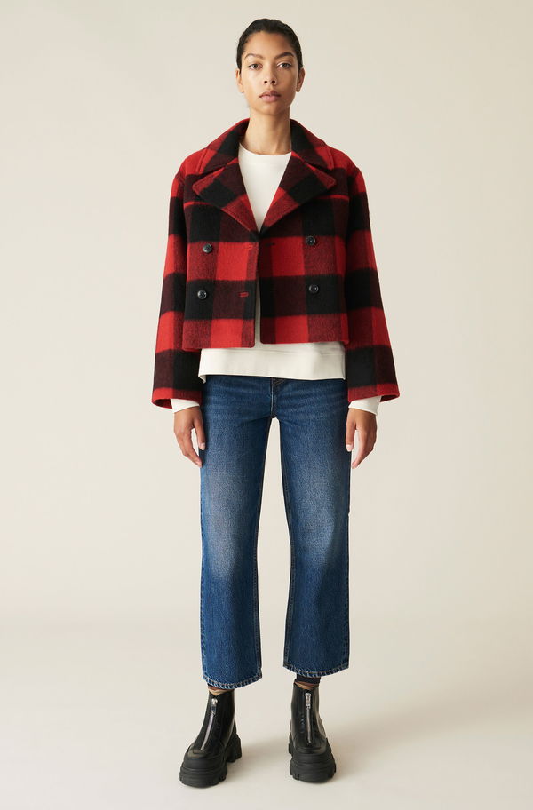 GANNI Check Wool Mix Midi Jacket - Red & Black Sz38 NZM