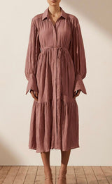 SHONA JOY Mila Button Up Tiered Dress - Rose Sz10