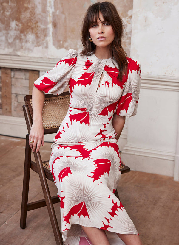 MINT VELVET Floral Print Midi Dress - Red Sz8