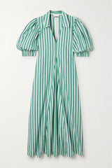 GANNI Organic Cotton Midi Shirtdress - Green Stripe Sz36 NZ10