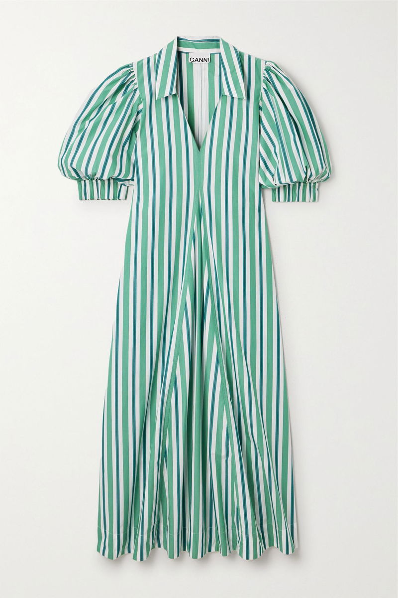 GANNI Organic Cotton Midi Shirtdress - Green Stripe Sz36 NZ10