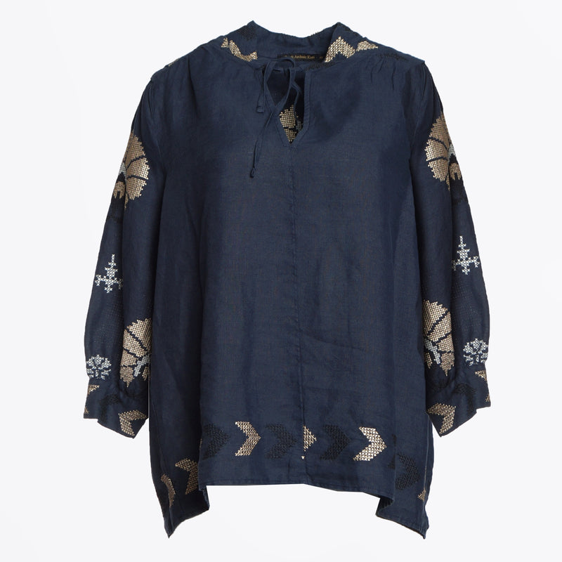 GREEK ARCHAIC KORI Peacocks Mini Top - Navy Blue & Gold SzM