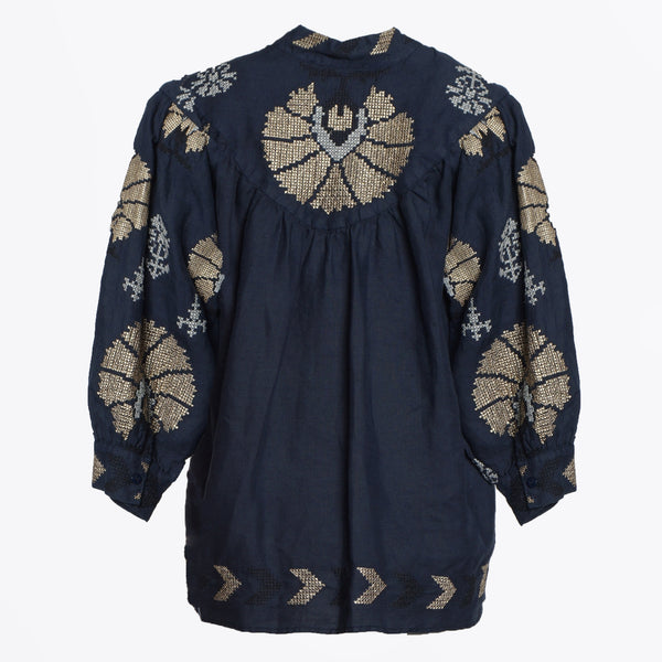 GREEK ARCHAIC KORI Peacocks Mini Top - Navy Blue & Gold SzM