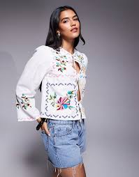 RIVER ISLAND Embroidered Tie Front Shirt - White Sz10