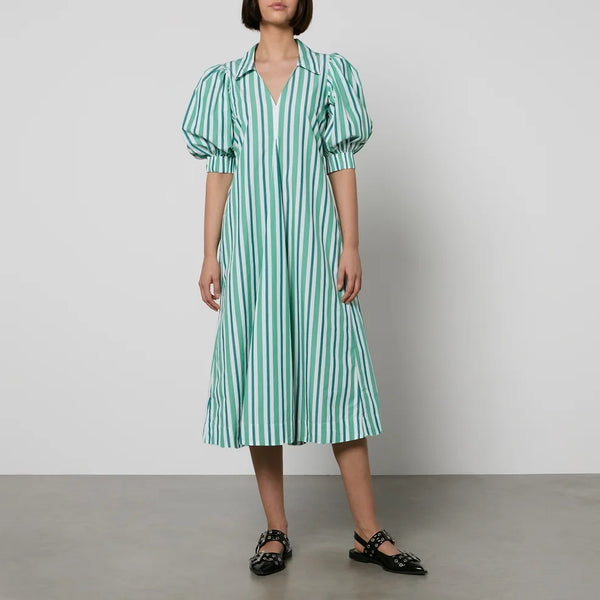 GANNI Organic Cotton Midi Shirtdress - Green Stripe Sz36 NZ10