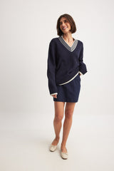 NA-KD Oversize V-Neck Sweater - Navy SzM