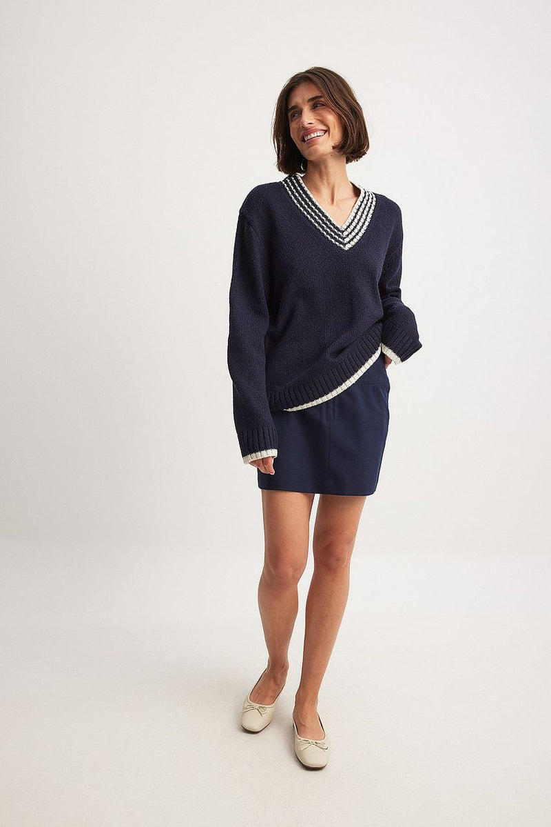 NA-KD Oversize V-Neck Sweater - Navy SzM