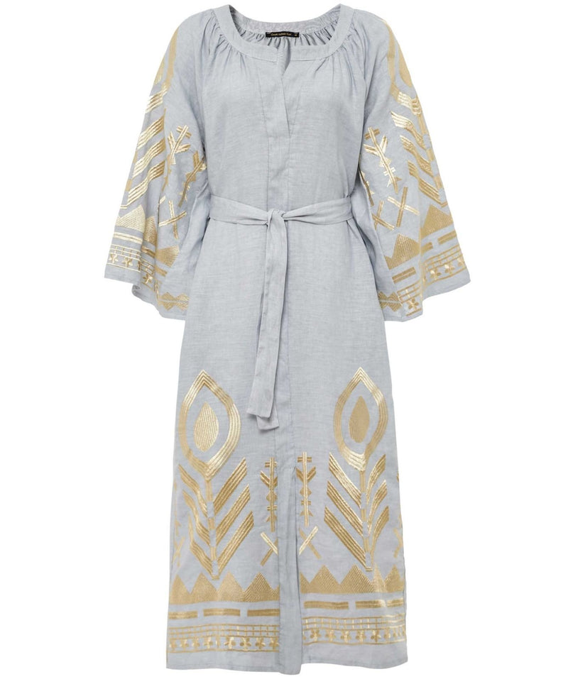 GREEK ARCHAIC KORI Feather Kaftan Dress - Light Grey SzM