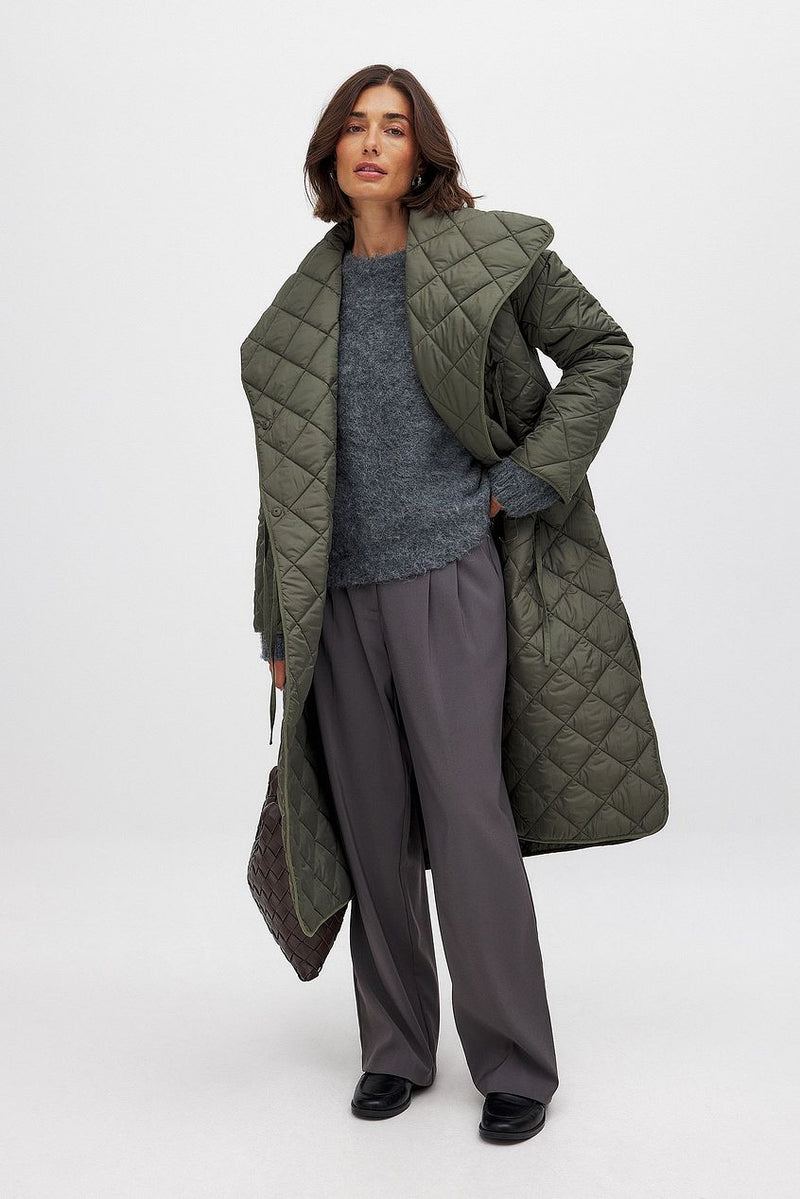NA-KD Quilted Long Coat - Dark Green