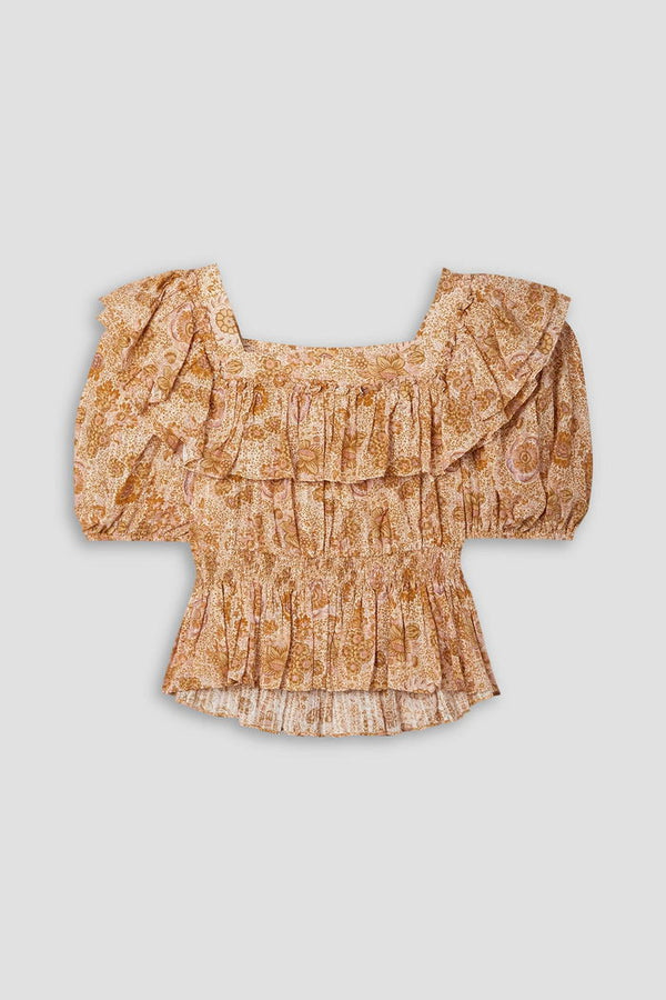 ULLA JOHNSON Shirred Cotton-Blend Blouse - Print US8 NZ12