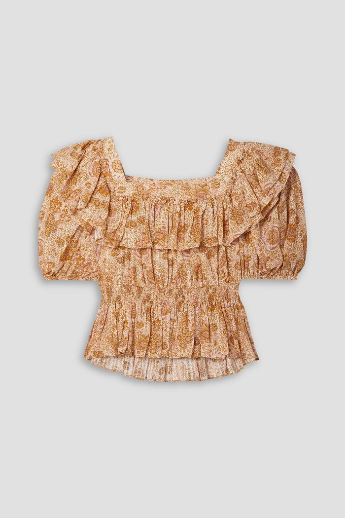 ULLA JOHNSON Shirred Cotton-Blend Blouse - Print US8 NZ12