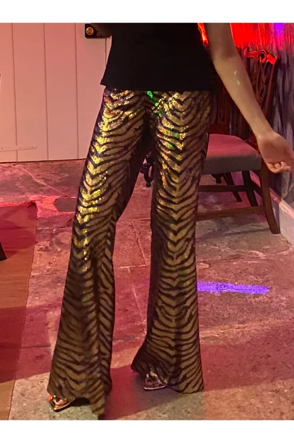 RAEY Tiger Sequin Bootcut Trousers - Gold Sz10