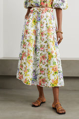 ZIMMERMANN Paneled Organic Linen Midi Skirt - Floral Sz0 NZ8