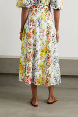 ZIMMERMANN Paneled Organic Linen Midi Skirt - Floral Sz0 NZ8