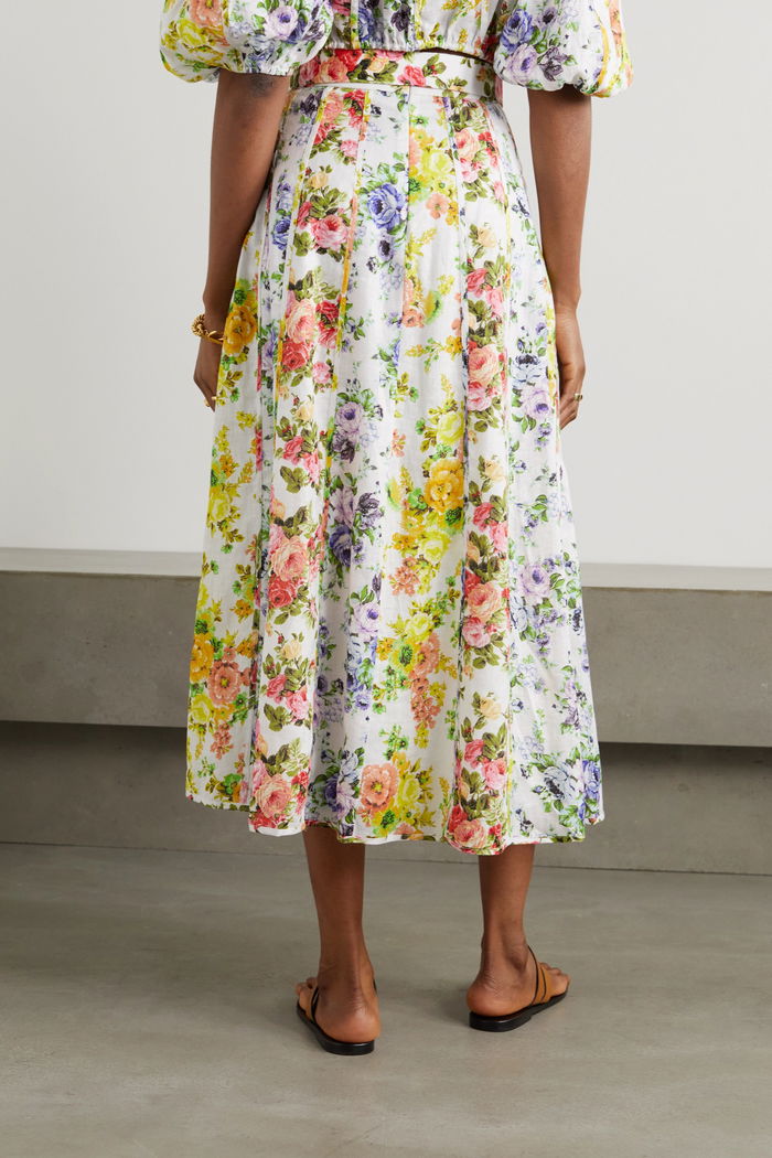 ZIMMERMANN Paneled Organic Linen Midi Skirt - Floral Sz0 NZ8