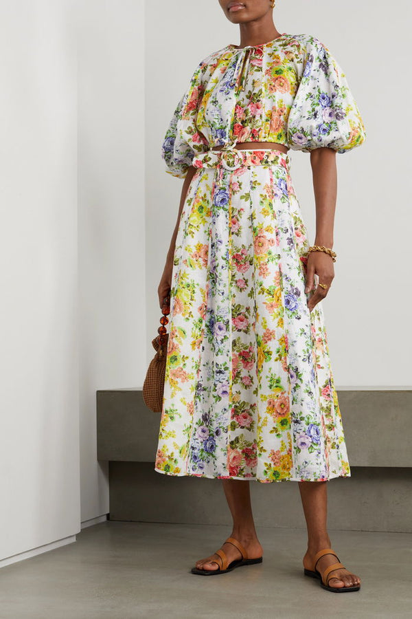 ZIMMERMANN Paneled Organic Linen Midi Skirt - Floral Sz0 NZ8
