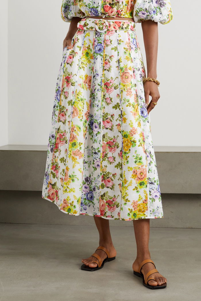 ZIMMERMANN Paneled Organic Linen Midi Skirt - Floral Sz0 NZ8