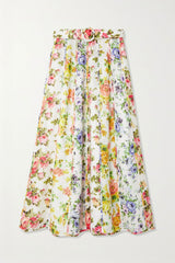 ZIMMERMANN Paneled Organic Linen Midi Skirt - Floral Sz0 NZ8
