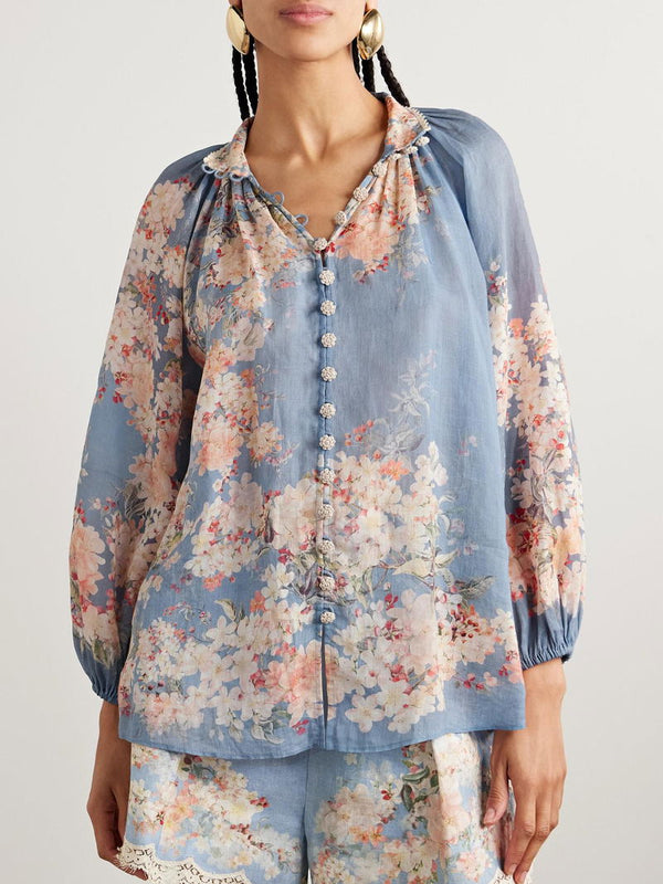 ZIMMERMANN Cascadian Lace Trimmed Blouse - Blue Botanical Sz3 NZ14