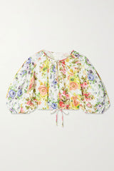 ZIMMERMANN Cropped Organic Linen Blouse - Floral Sz0 NZ8