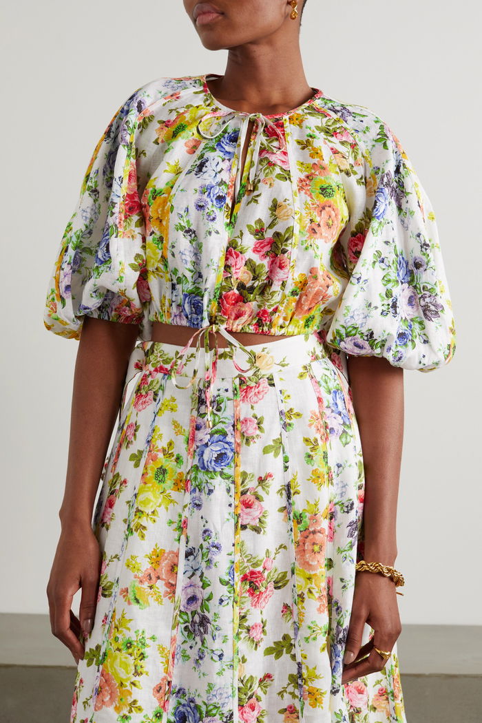 ZIMMERMANN Cropped Organic Linen Blouse - Floral Sz0 NZ8